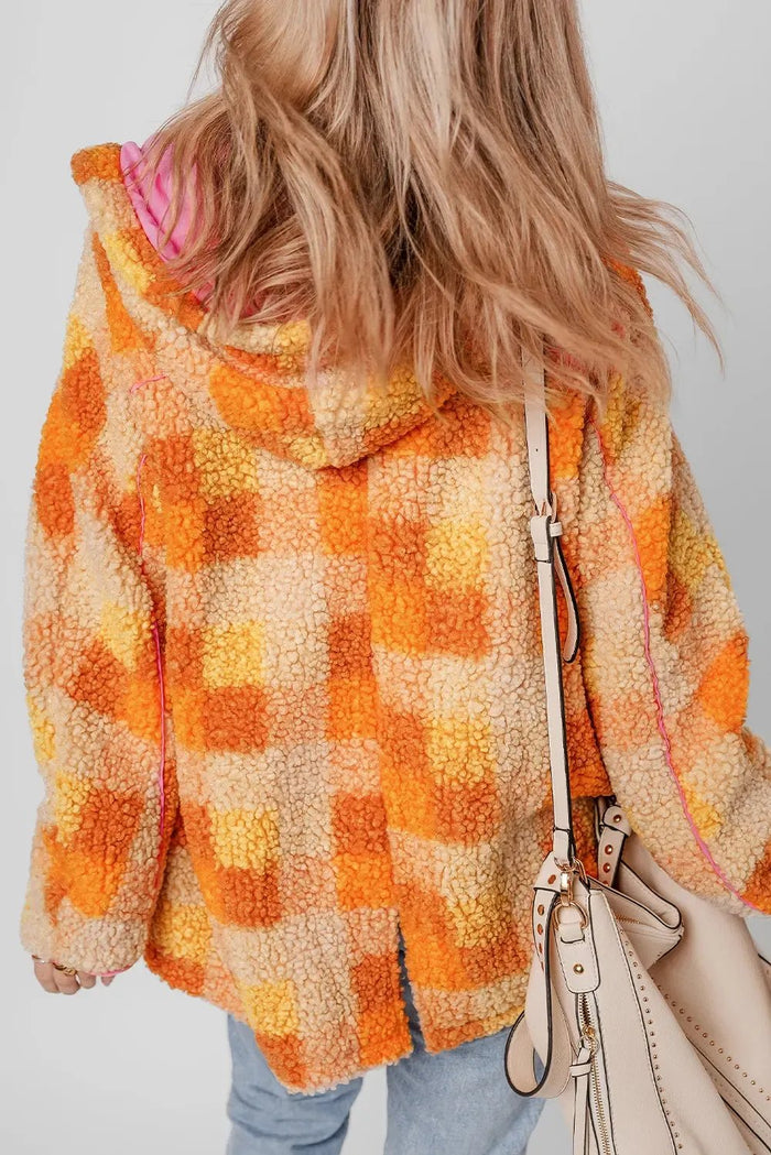 Orange Checkered Sherpa Hooded Jacket - Outerwear/Jackets