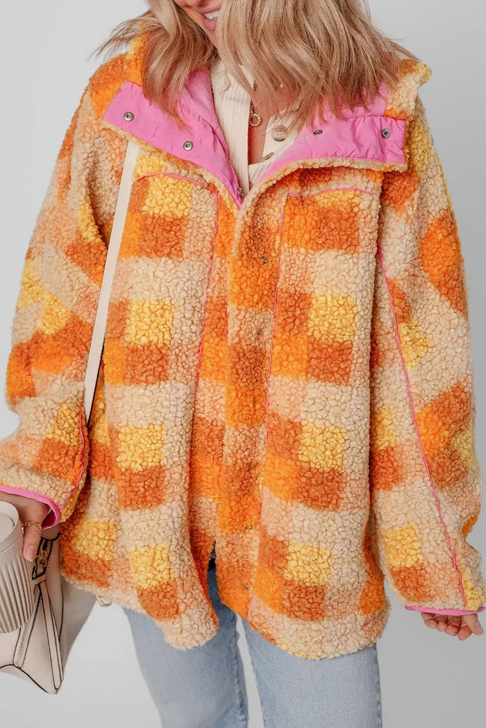 Orange Checkered Sherpa Hooded Jacket - Outerwear/Jackets