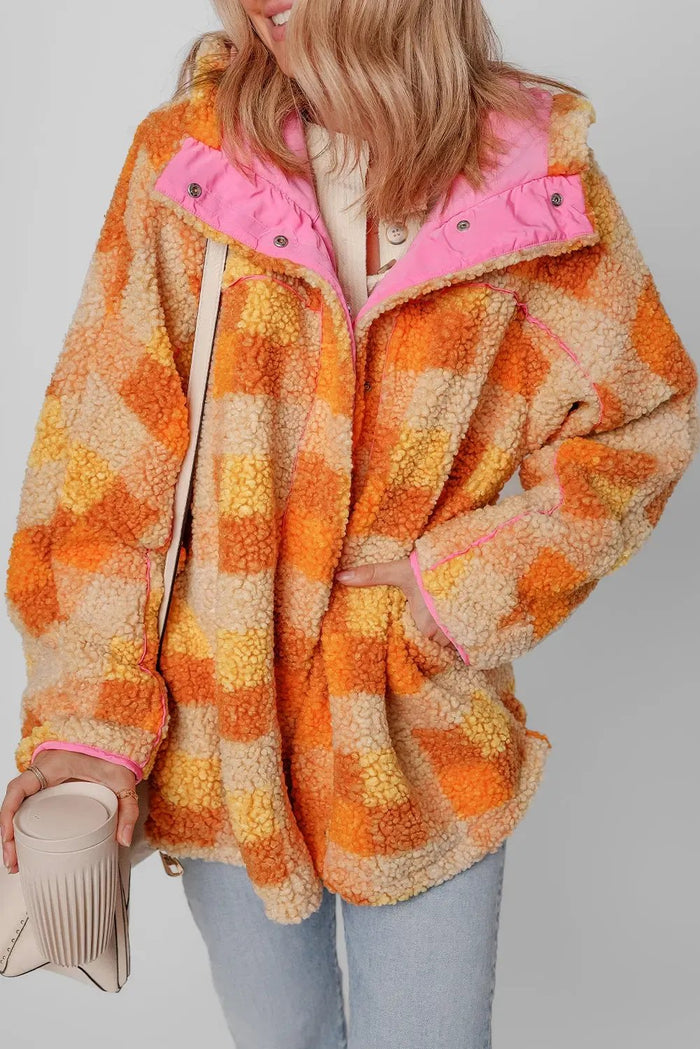 Orange Checkered Sherpa Hooded Jacket - Outerwear/Jackets
