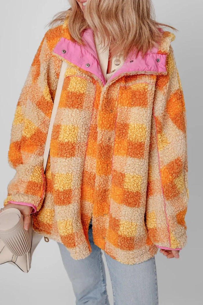 Orange Checkered Sherpa Hooded Jacket - Outerwear/Jackets