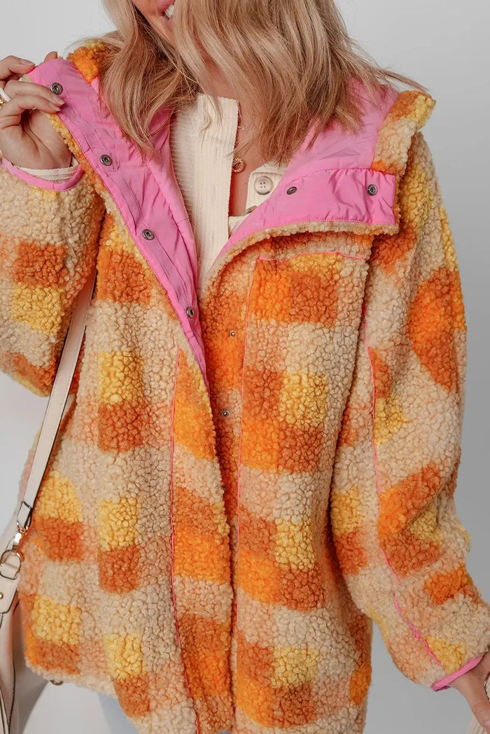 Orange Checkered Sherpa Hooded Jacket - Outerwear/Jackets