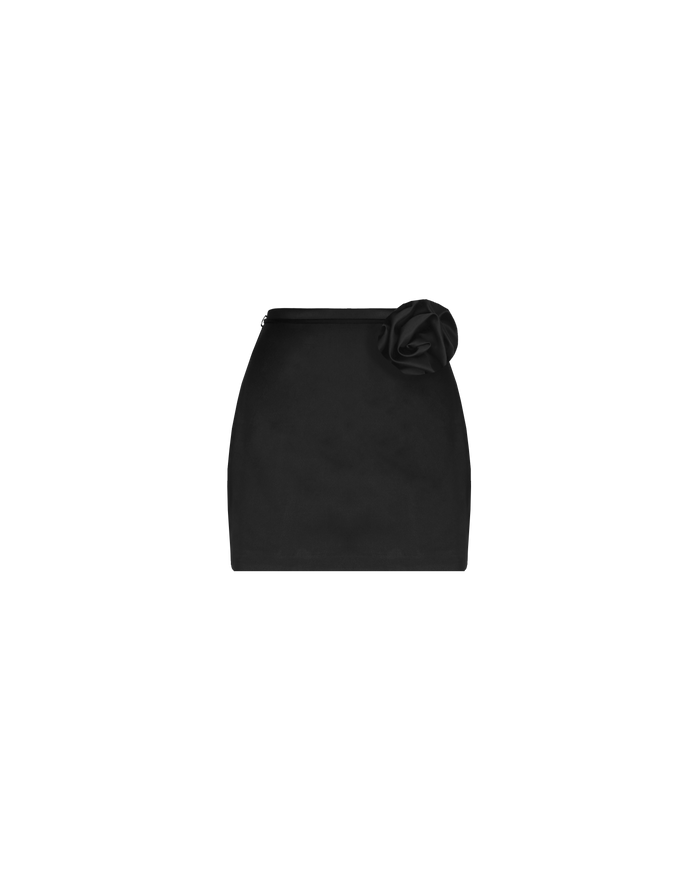 CHER SATIN MINI SKIRT BLACK ROSETTE