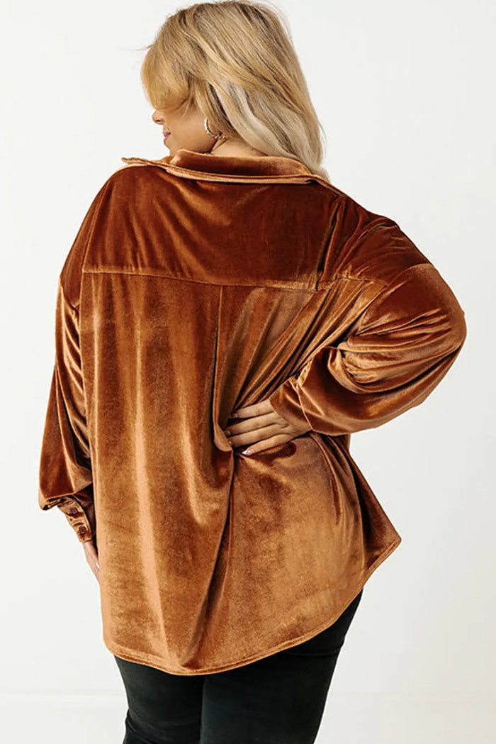 Chestnut Plus Size Velvet Chest Pocket Drop Shoulder Shirt - Size/Plus Tops/Plus Blouses & Shirts