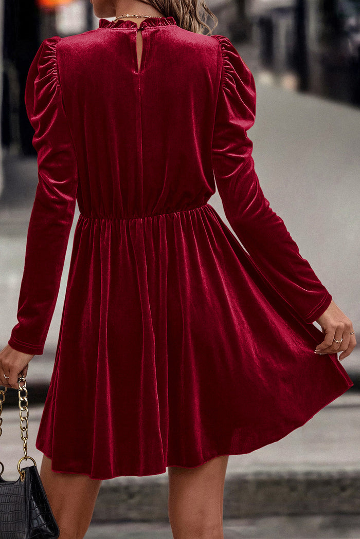 Chestnut Velvet Frilled Neck Gigot Sleeve Swing Dress - Dresses/Mini Dresses