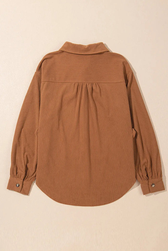Cinnamon Corduroy Flap Pocket Button Up Round Hem Shacket - Outerwear/Jackets