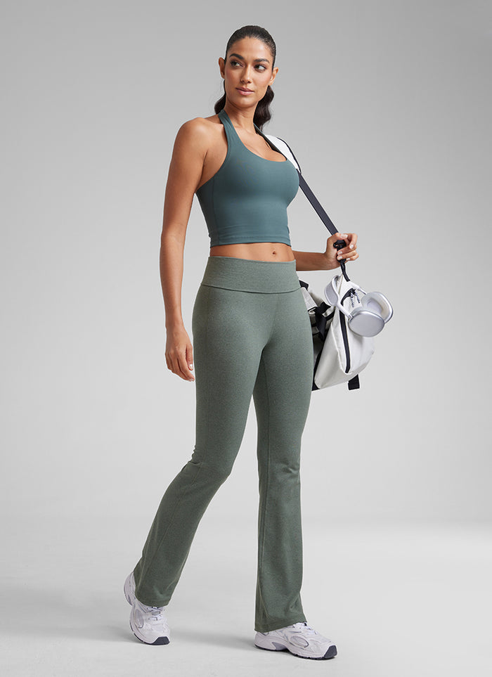 CRZ YOGA Womens Cloud Jersey Foldover Waist Bootcut Flare Pants 31" Grey Sage