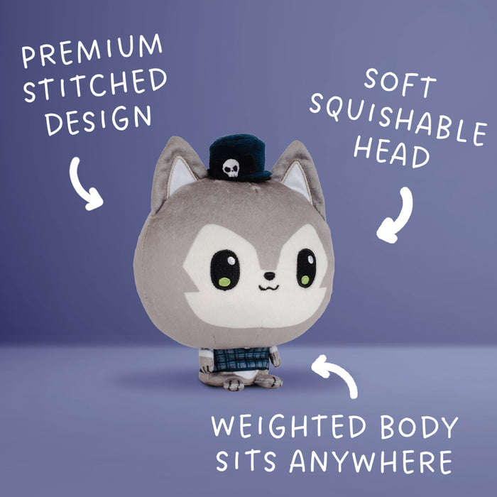 A plush toy character with a gray and wolf, large black eyes, a small black hat with a skull, and a plaid outfit, shown on a blue gradient background with white text callouts describing features.