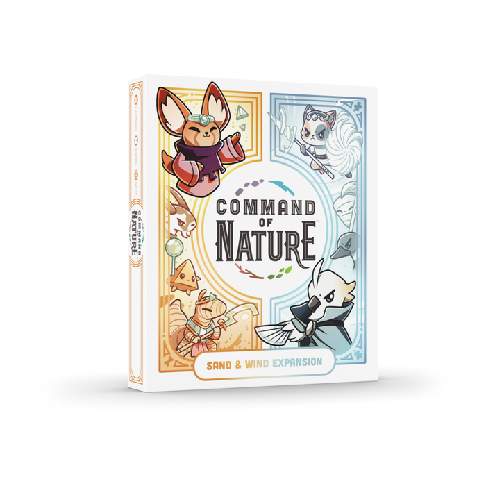 A box for *Command of Nature: Sand & Wind Expansion* by Unstable Games. The cover showcases various cartoon animals in dynamic poses against desert and wind-themed backgrounds, highlighting new factions and mechanics such as erosion and tailwind.