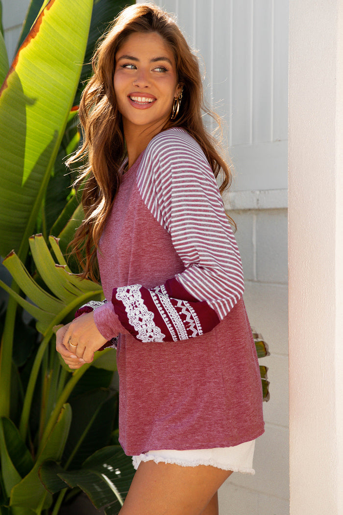 Contrast Print Striped Raglan Long Sleeve Loose Top - Tops/Long Tops
