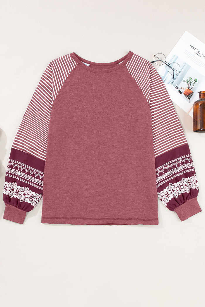 Contrast Print Striped Raglan Long Sleeve Loose Top - Tops/Long Tops