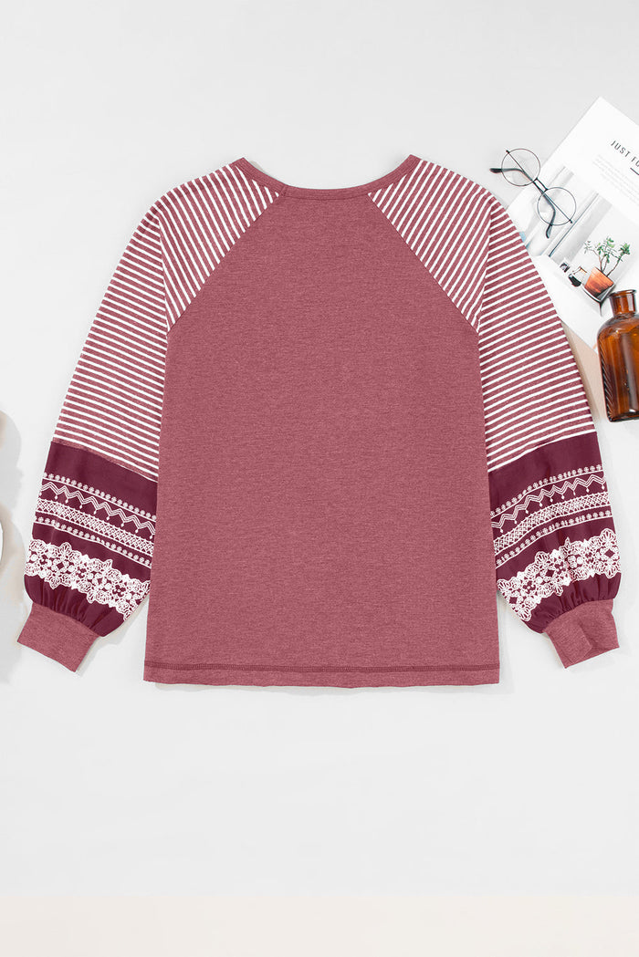 Contrast Print Striped Raglan Long Sleeve Loose Top - Tops/Long Tops