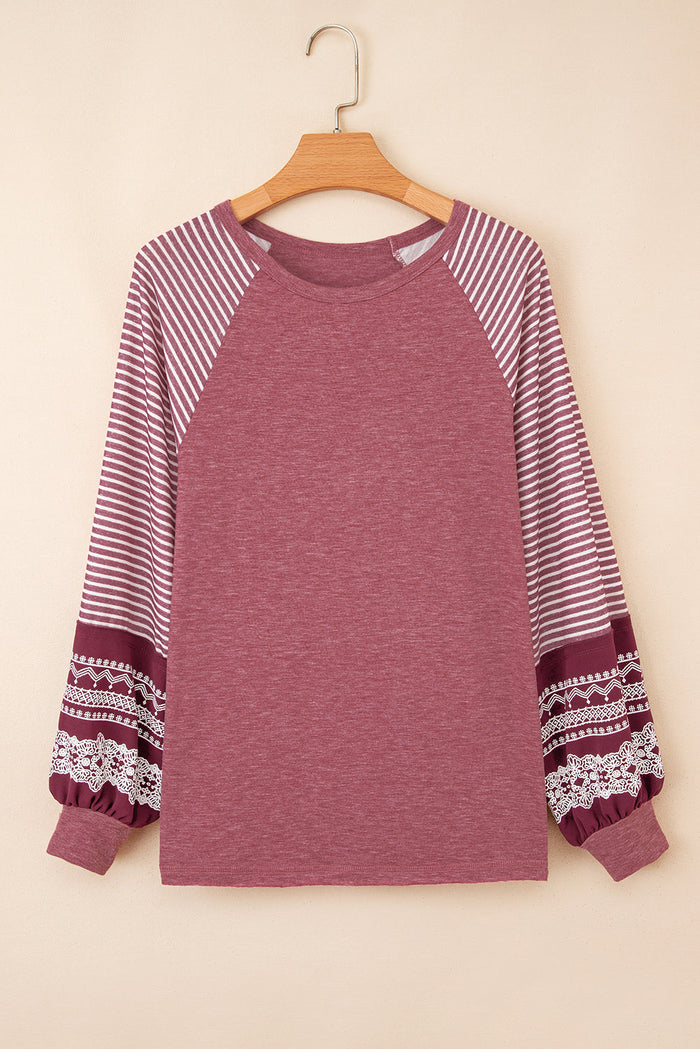 Contrast Print Striped Raglan Long Sleeve Loose Top - Tops/Long Tops