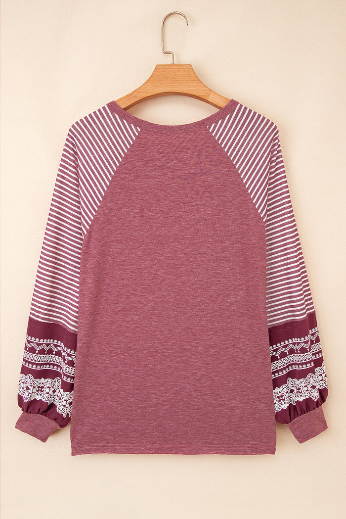 Contrast Print Striped Raglan Long Sleeve Loose Top - Tops/Long Tops
