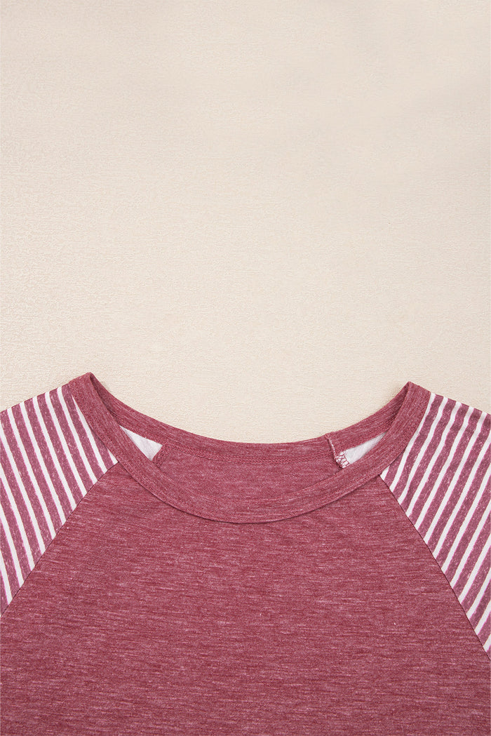 Contrast Print Striped Raglan Long Sleeve Loose Top - Tops/Long Tops