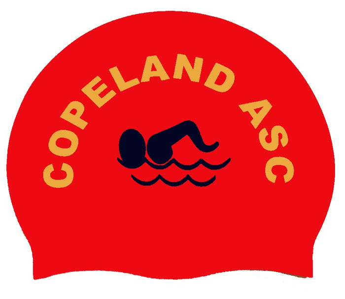 Set of three AK Club Kit Copeland swimming caps in red, yellow, and navy with club logo, designed for comfortable swimming.