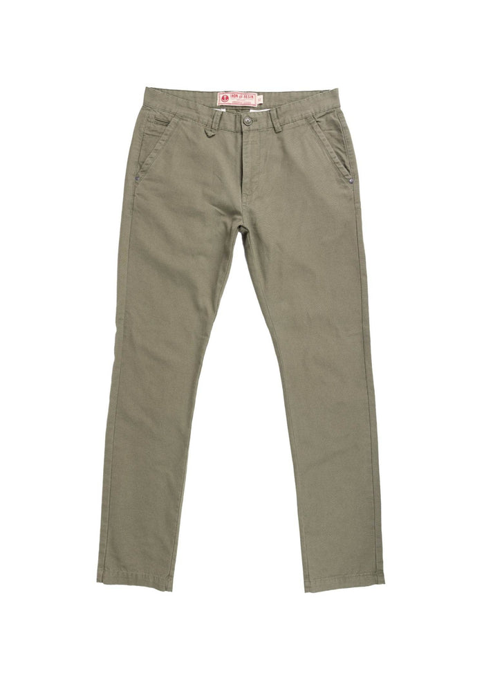 Olive green chinos with front pockets, belt loops, and a button closure, displayed on a white background. Casual and stylish.