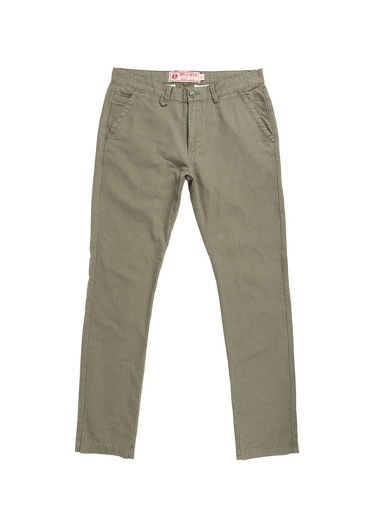 Olive green chinos with front pockets, belt loops, and a button closure, displayed on a white background. Casual and stylish.