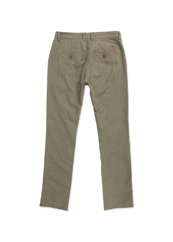 Olive green pants with two back pockets and a small red patch. The pants are laid flat, showcasing their casual style.