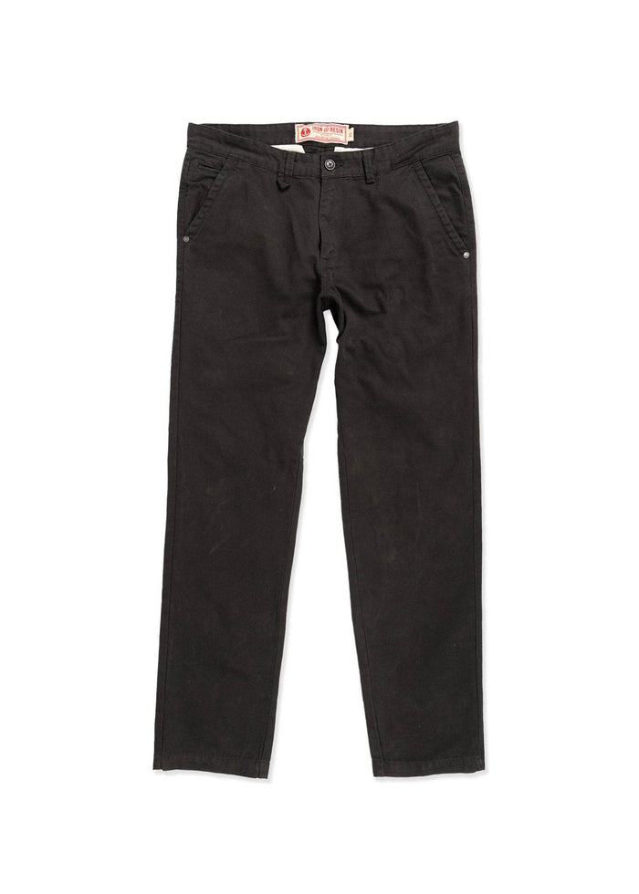 Black pants with front pockets and button closure, displayed on a white background, showcasing casual style and design.