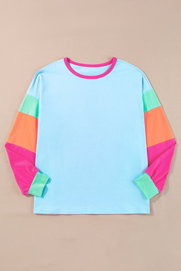 Dark Blue Colourblock Patchwork Long Sleeve Plus Size Top - Size/Plus Tops/Plus Tops