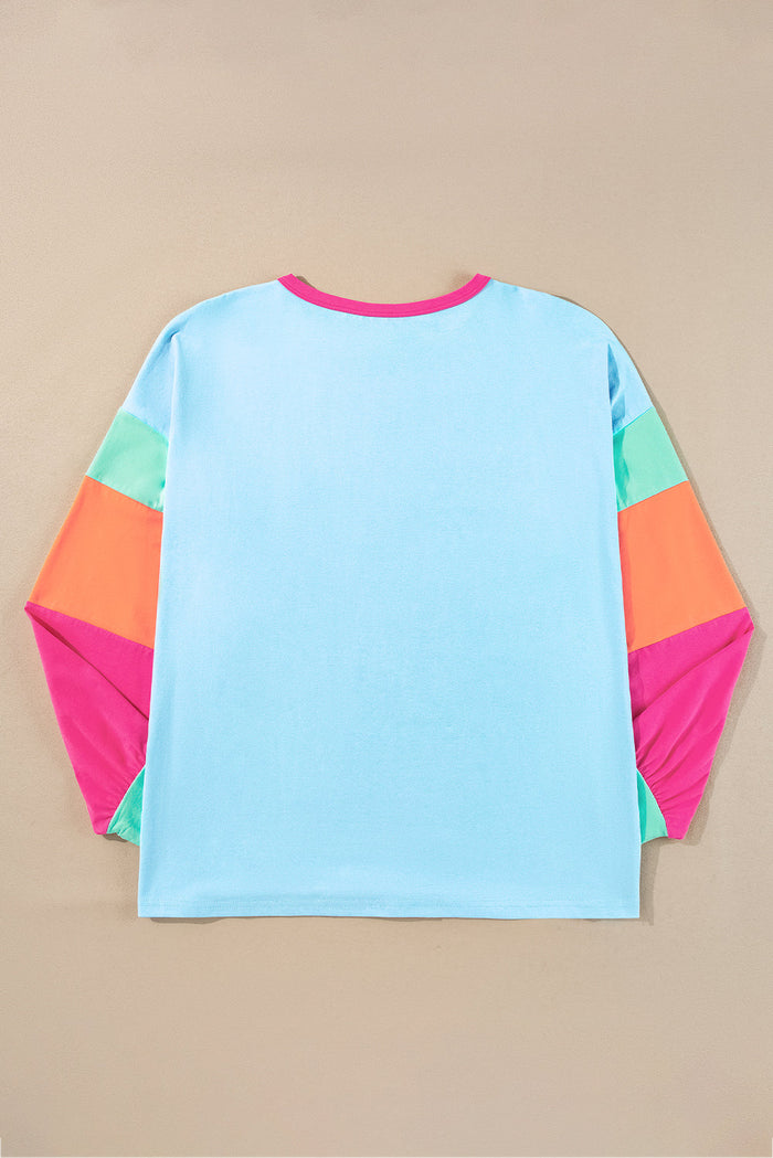 Dark Blue Colourblock Patchwork Long Sleeve Plus Size Top - Size/Plus Tops/Plus Tops