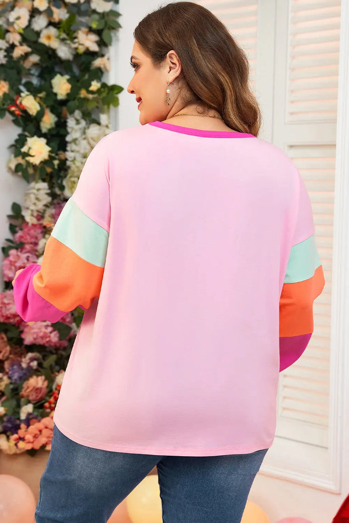 Dark Blue Colourblock Patchwork Long Sleeve Plus Size Top - Size/Plus Tops/Plus Tops