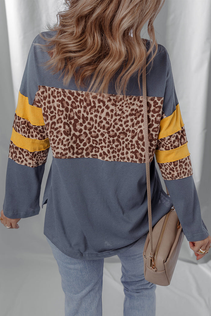 Dark Blue Leopard Colorblock Patchwork Long Sleeve Drop Shoulder Top - Tops/Long Tops