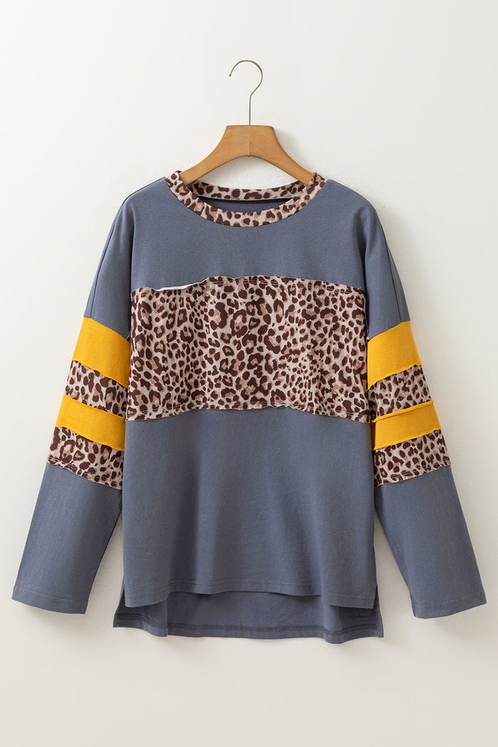 Dark Blue Leopard Colorblock Patchwork Long Sleeve Drop Shoulder Top - Tops/Long Tops