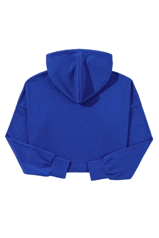 Shop Dark Blue Solid Drop Shoulder Drawstring Cropped Hoodie at eAura