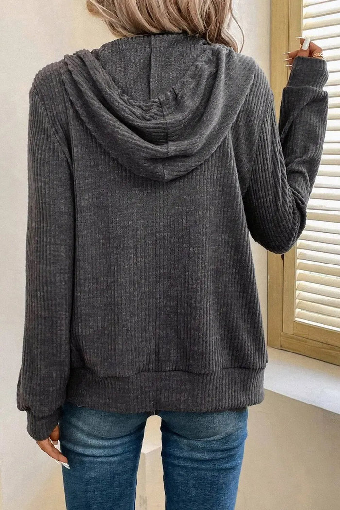 Dark Grey Ribbed Zip Up Front Drawstring Hoodie - Tops/Sweatshirts & Hoodies