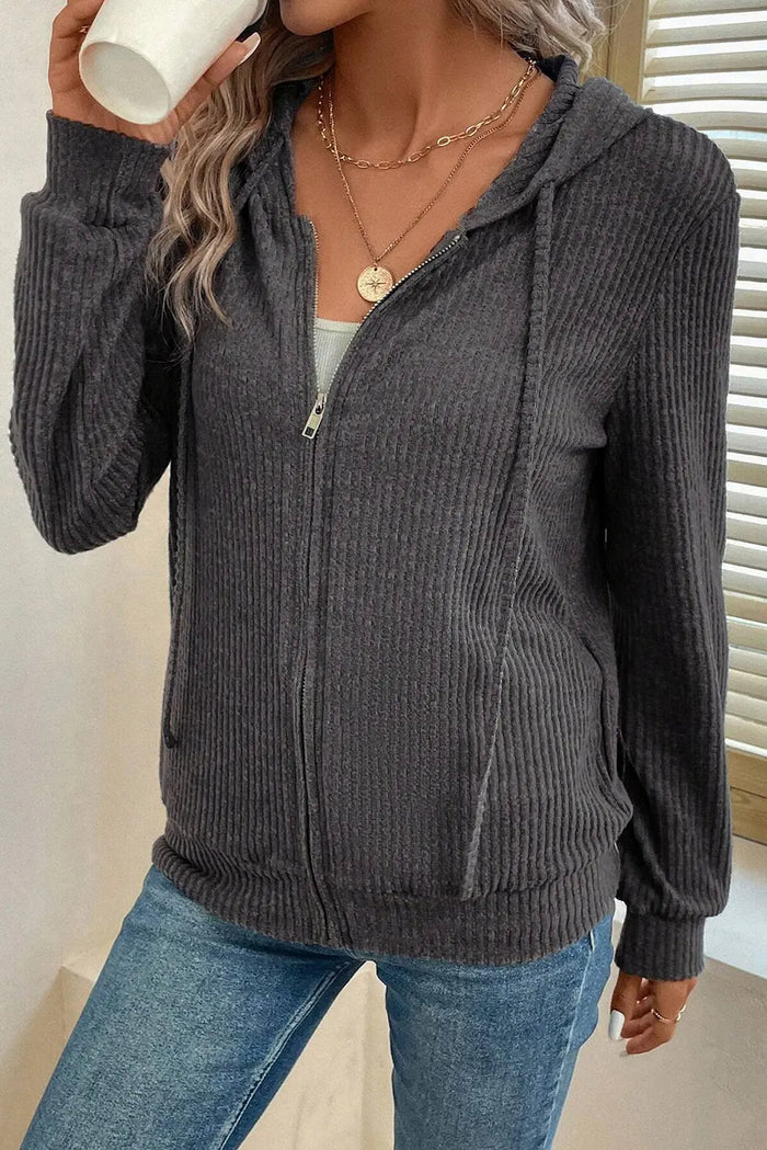 Dark Grey Ribbed Zip Up Front Drawstring Hoodie - Tops/Sweatshirts & Hoodies