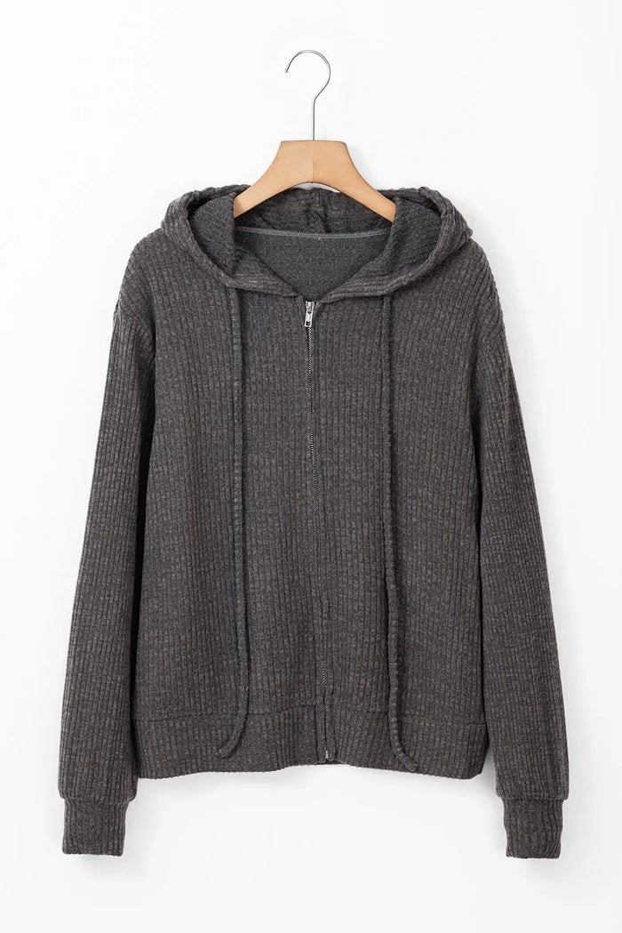 Dark Grey Ribbed Zip Up Front Drawstring Hoodie - Tops/Sweatshirts & Hoodies