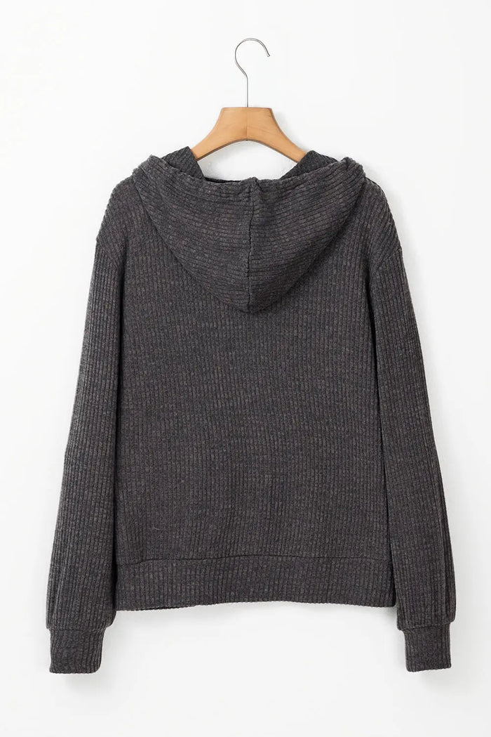 Dark Grey Ribbed Zip Up Front Drawstring Hoodie - Tops/Sweatshirts & Hoodies