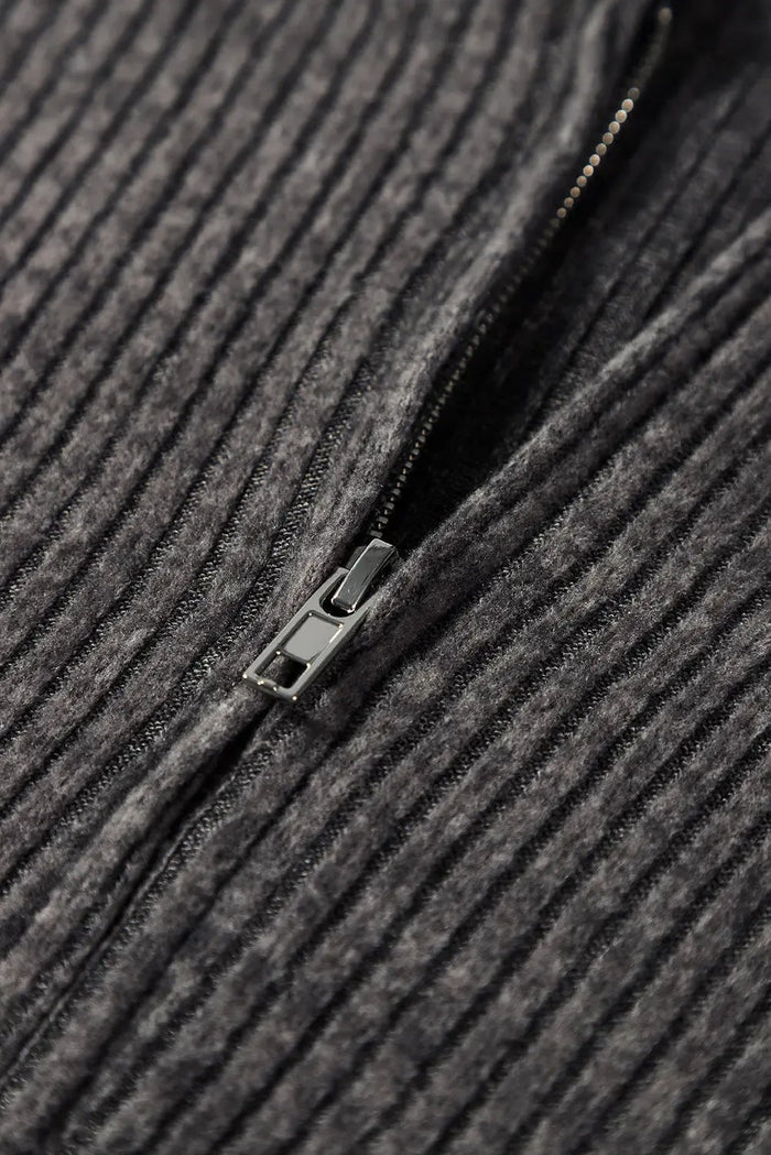Dark Grey Ribbed Zip Up Front Drawstring Hoodie - Tops/Sweatshirts & Hoodies