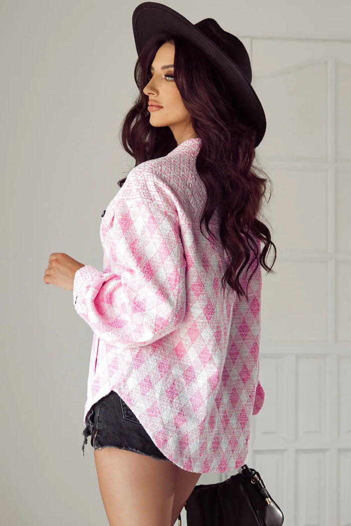 Delicacy Geometric Print Textured Flap Detail Shacket with Pocket - Outerwear/Jackets