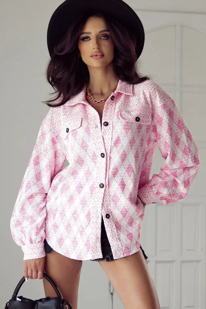 Delicacy Geometric Print Textured Flap Detail Shacket with Pocket - Outerwear/Jackets