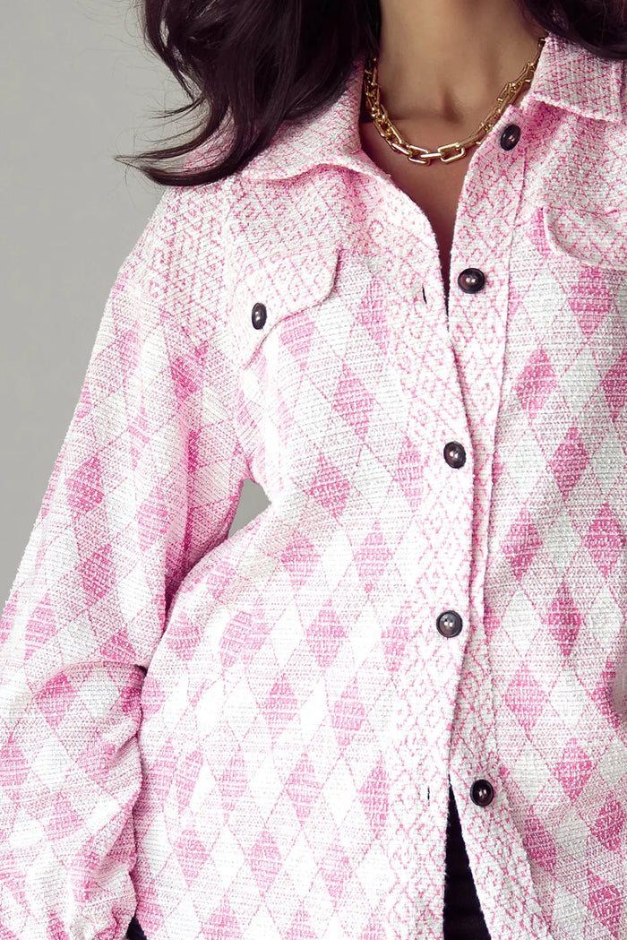 Delicacy Geometric Print Textured Flap Detail Shacket with Pocket - Outerwear/Jackets