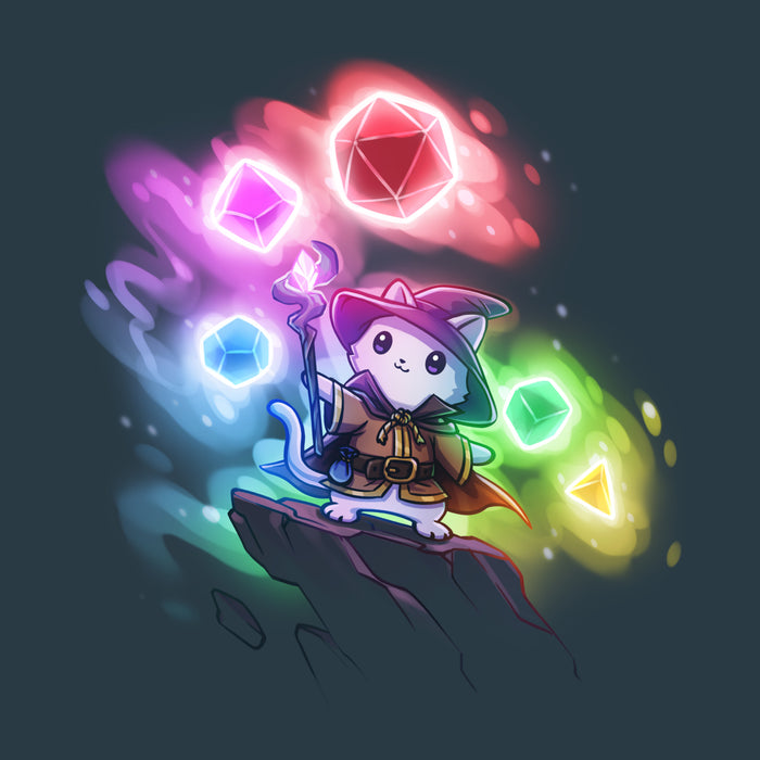 Premium Cotton T-shirt_TeeTurtle denim blue Dice Wizard apparel featuring a wizard cat standing on a rocky outcrop pointing its staff forwards with a set of dice in various colors floating in the background.