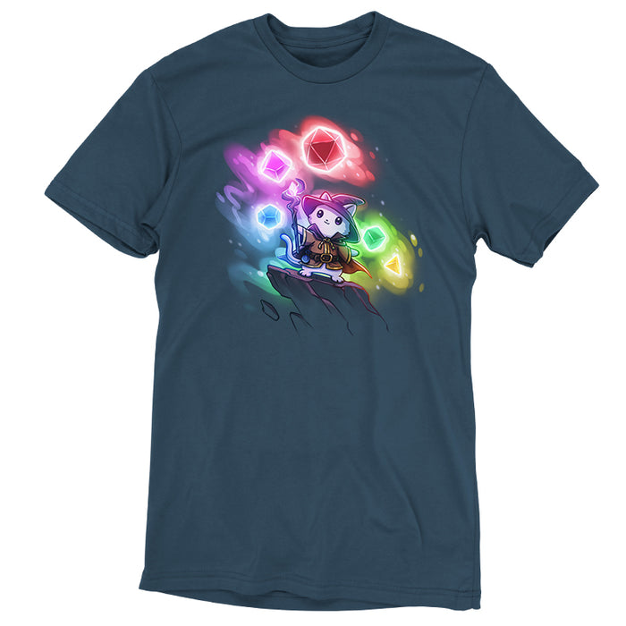 Premium Cotton T-shirt_TeeTurtle denim blue Dice Wizard apparel featuring a wizard cat standing on a rocky outcrop pointing its staff forwards with a set of dice in various colors floating in the background.