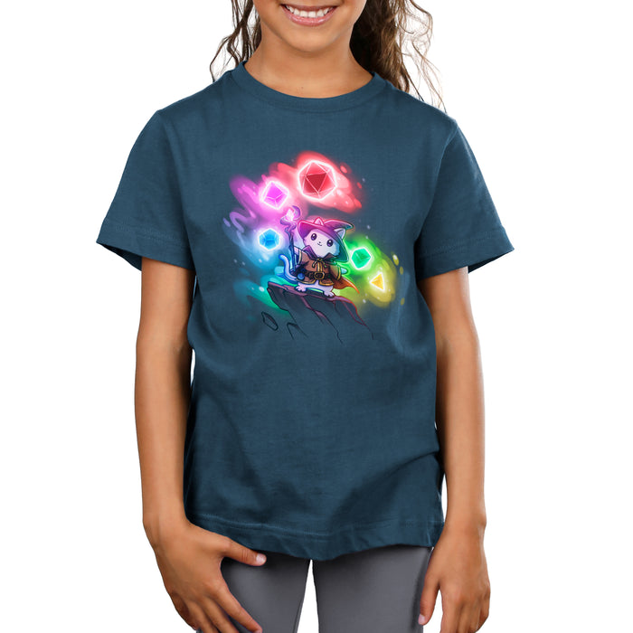 Premium Cotton T-shirt_TeeTurtle denim blue Dice Wizard apparel featuring a wizard cat standing on a rocky outcrop pointing its staff forwards with a set of dice in various colors floating in the background.