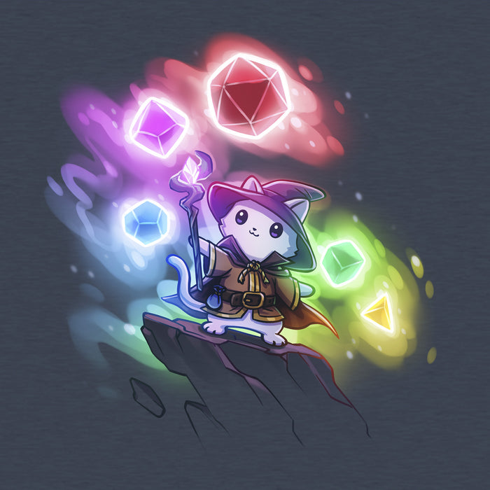 Classic Cotton T-shirt_TeeTurtle heather navy Dice Wizard apparel featuring a wizard cat standing on a rocky outcrop pointing its staff forwards with a set of dice in various colors floating in the background.