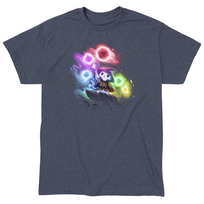 Classic Cotton T-shirt_TeeTurtle heather navy Dice Wizard apparel featuring a wizard cat standing on a rocky outcrop pointing its staff forwards with a set of dice in various colors floating in the background.