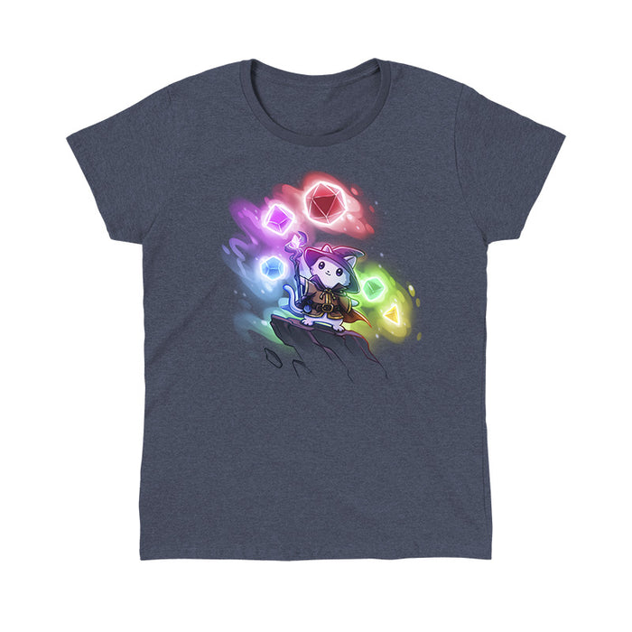 Classic Cotton T-shirt_TeeTurtle heather navy Dice Wizard apparel featuring a wizard cat standing on a rocky outcrop pointing its staff forwards with a set of dice in various colors floating in the background.