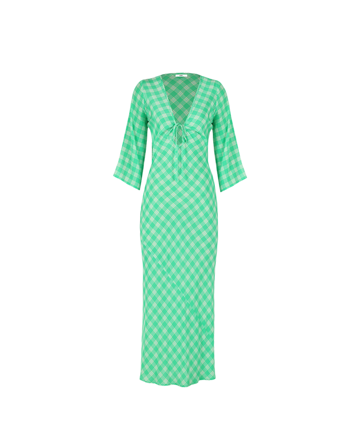 DIME SILK MIDI DRESS GREEN CHECK