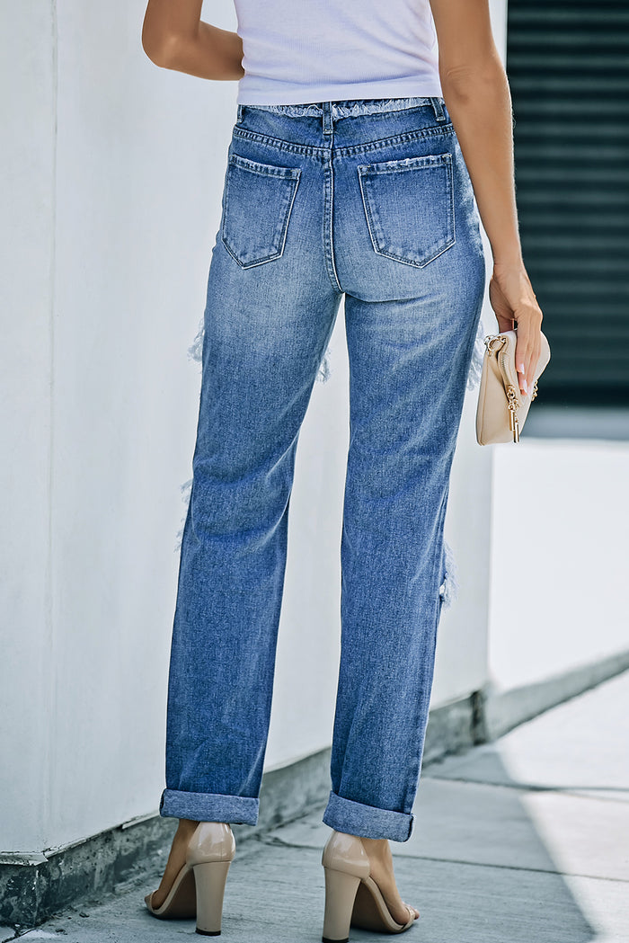 Distressed Frayed Trim Straight Leg Jeans - Madikfashions.com