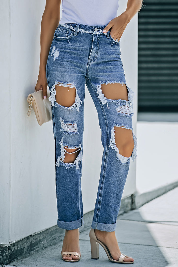 Distressed Frayed Trim Straight Leg Jeans - Madikfashions.com
