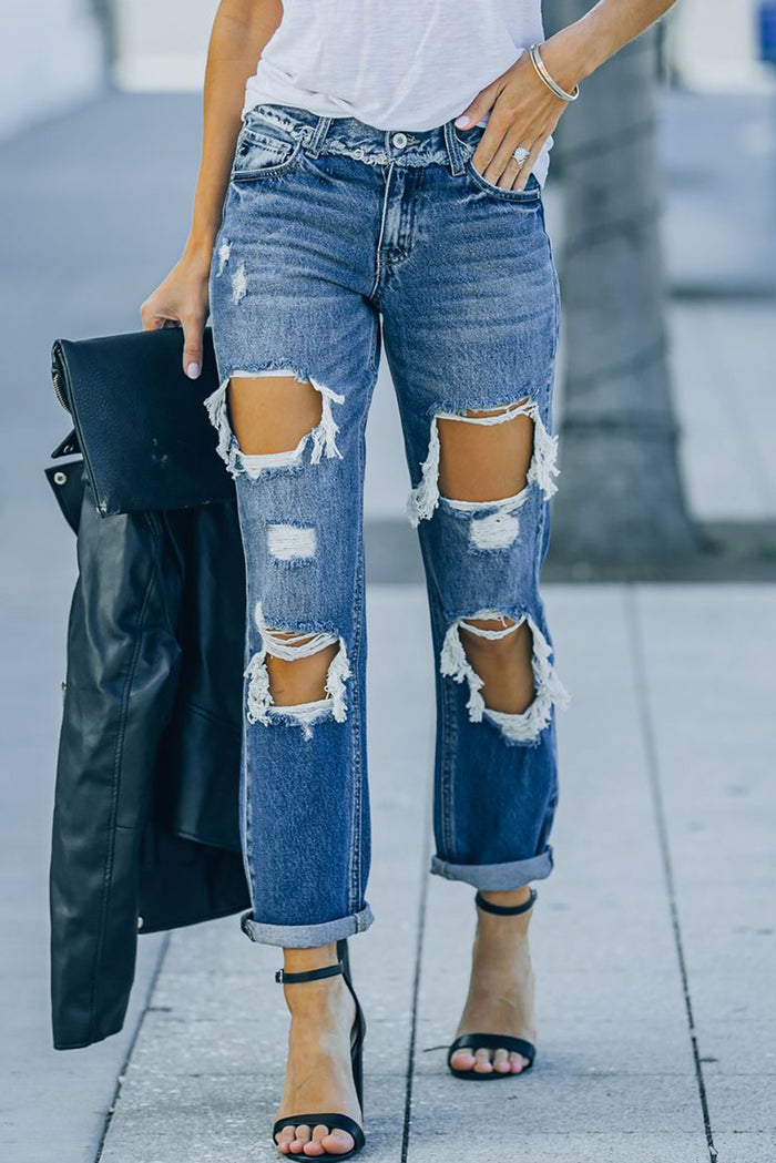 Distressed Frayed Trim Straight Leg Jeans - Madikfashions.com