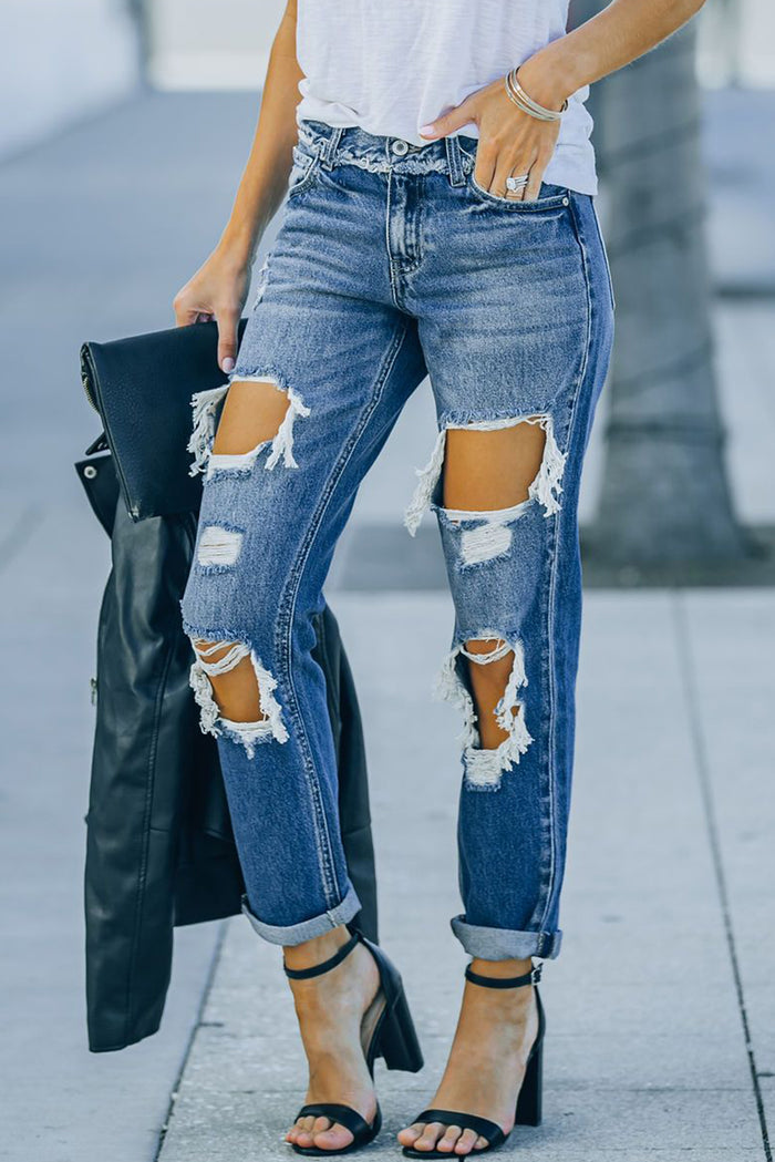 Distressed Frayed Trim Straight Leg Jeans - Madikfashions.com