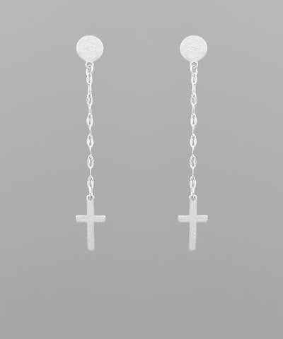Divine Grace Cross Drop Linear Earrings – Textured Matte Dangles