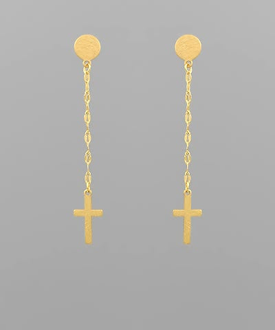 Divine Grace Cross Drop Linear Earrings – Textured Matte Dangles